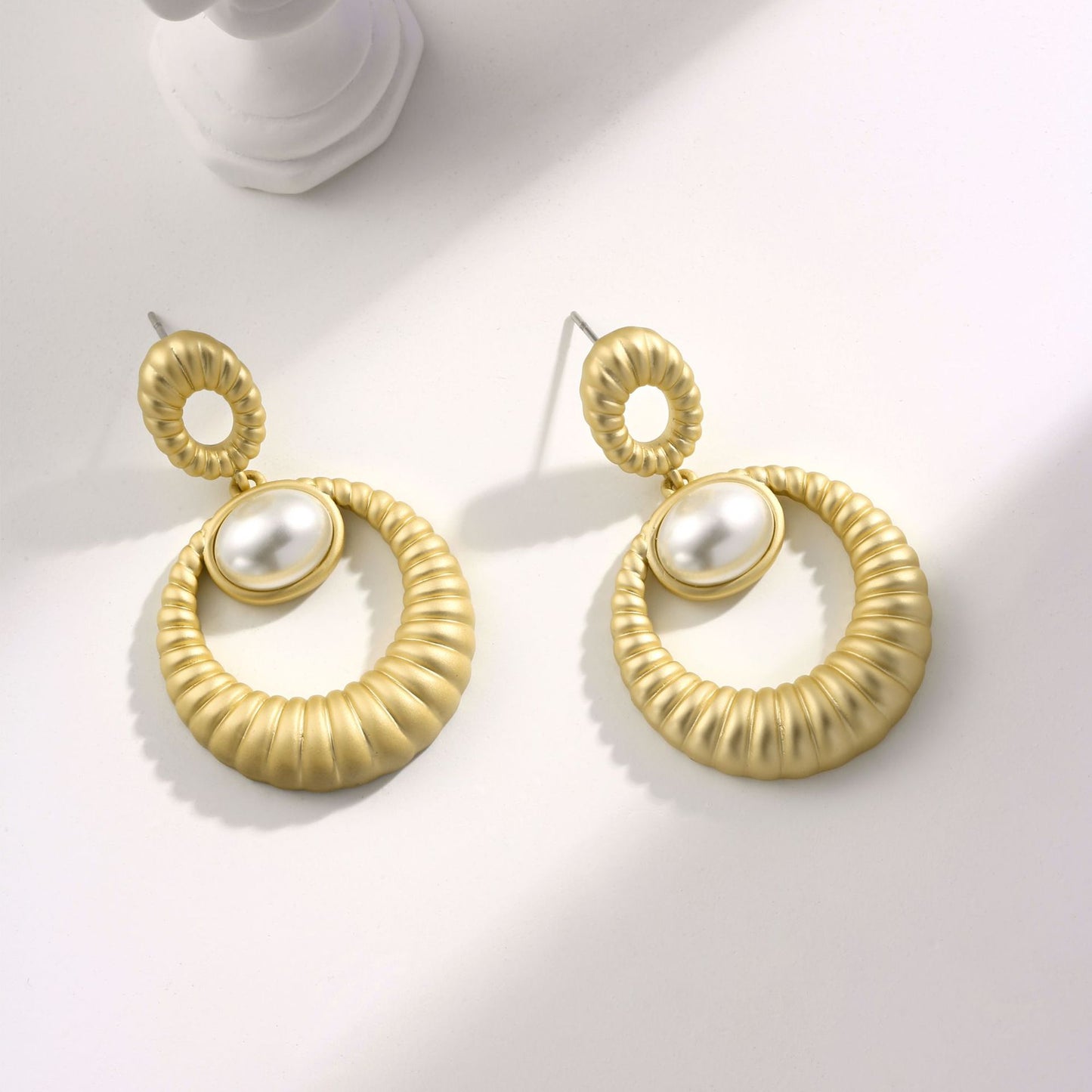 Swiss designer copper-plated 14K matte gold pearl earrings