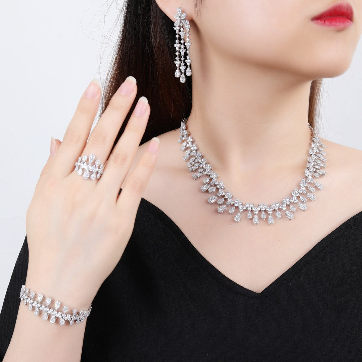 BrideTalk Brilliant full diamond zircon necklace and earrings simple fashion set