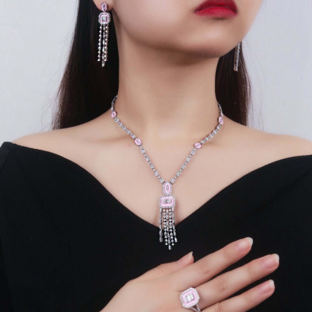 BrideTalk Micropaved Zirconia Pink Bridal Necklace Set