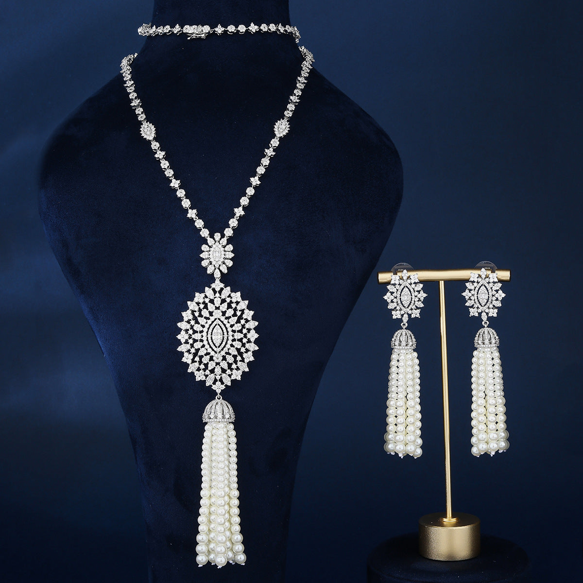 BrideTalk Ethnic style pearl and diamond long necklace set of two