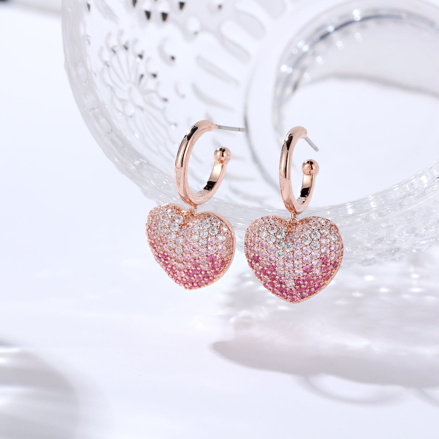 French designer full diamond heart electroplated rose gold earrings