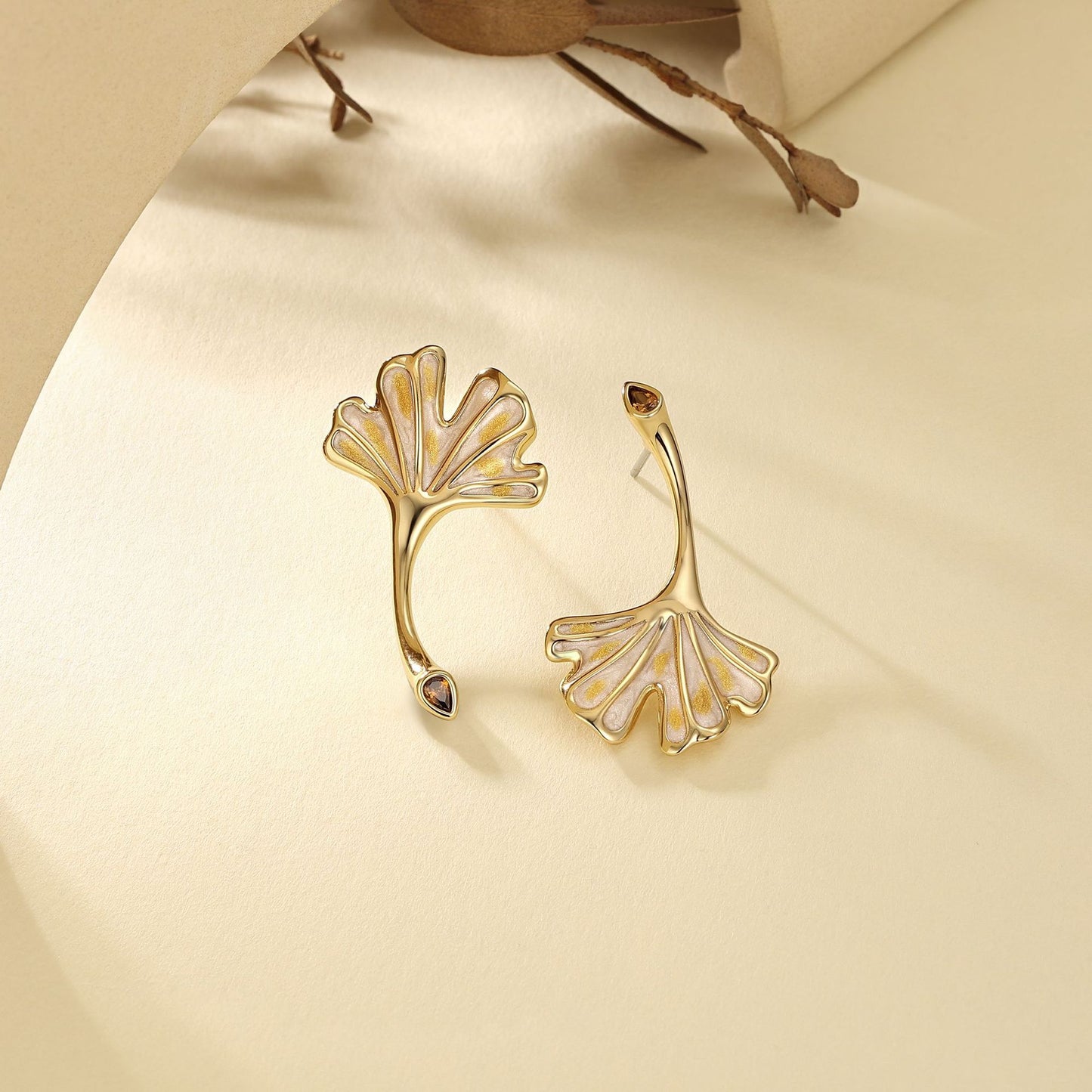 French designer ginkgo leaf enamel 2024 new earrings