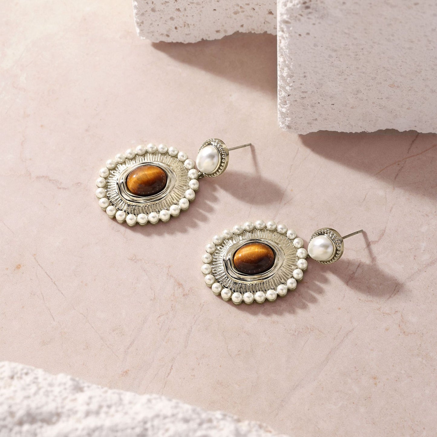 Portuguese designer tiger eye stone pearl earrings