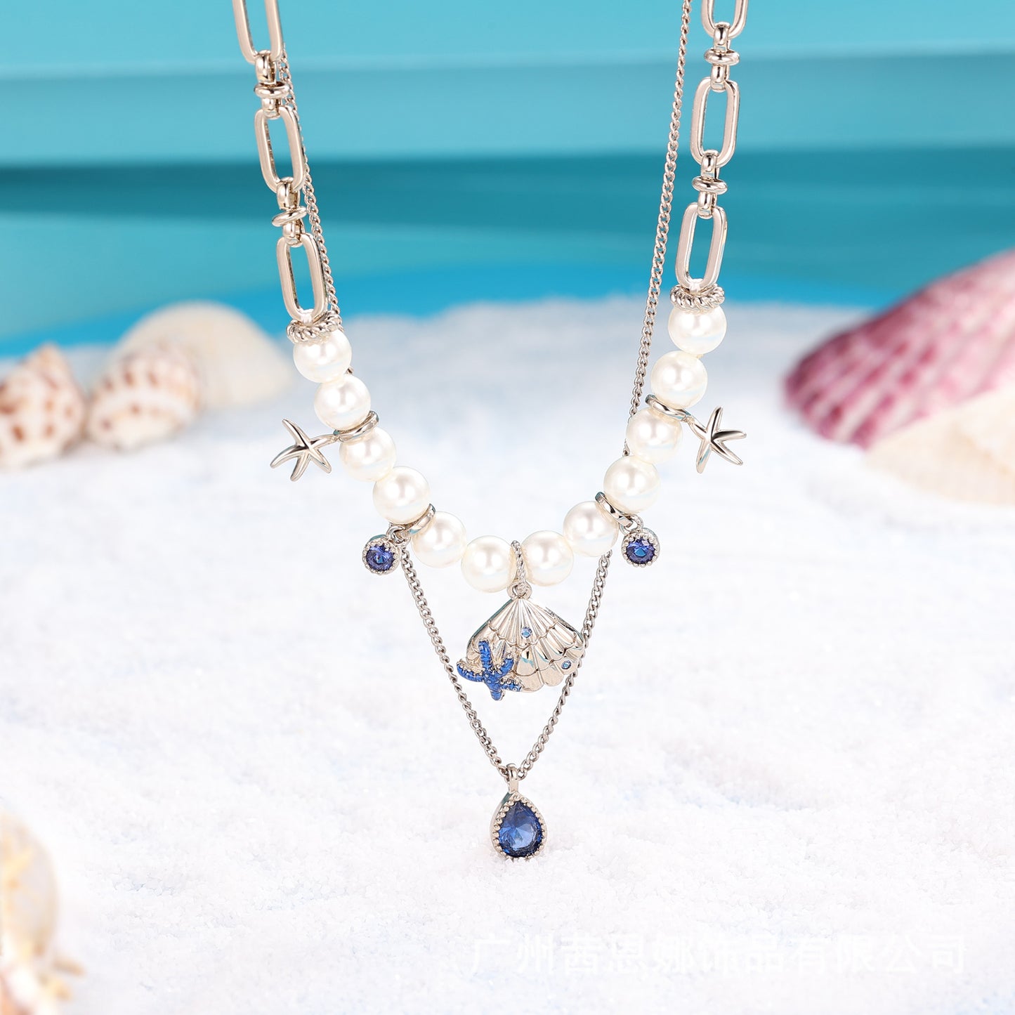 Danish designer starfish shell sapphire drop double necklace