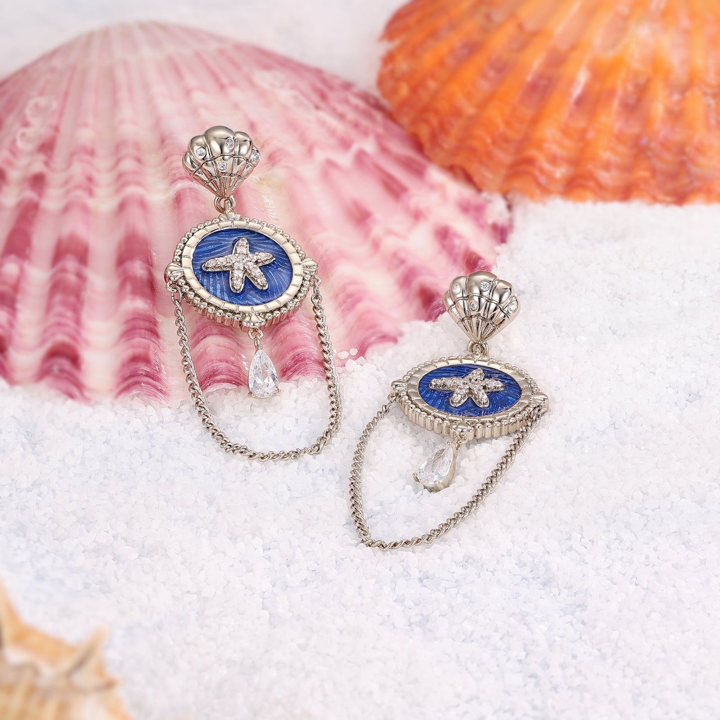 Danish designer ocean series blue enamel starfish tassel earrings