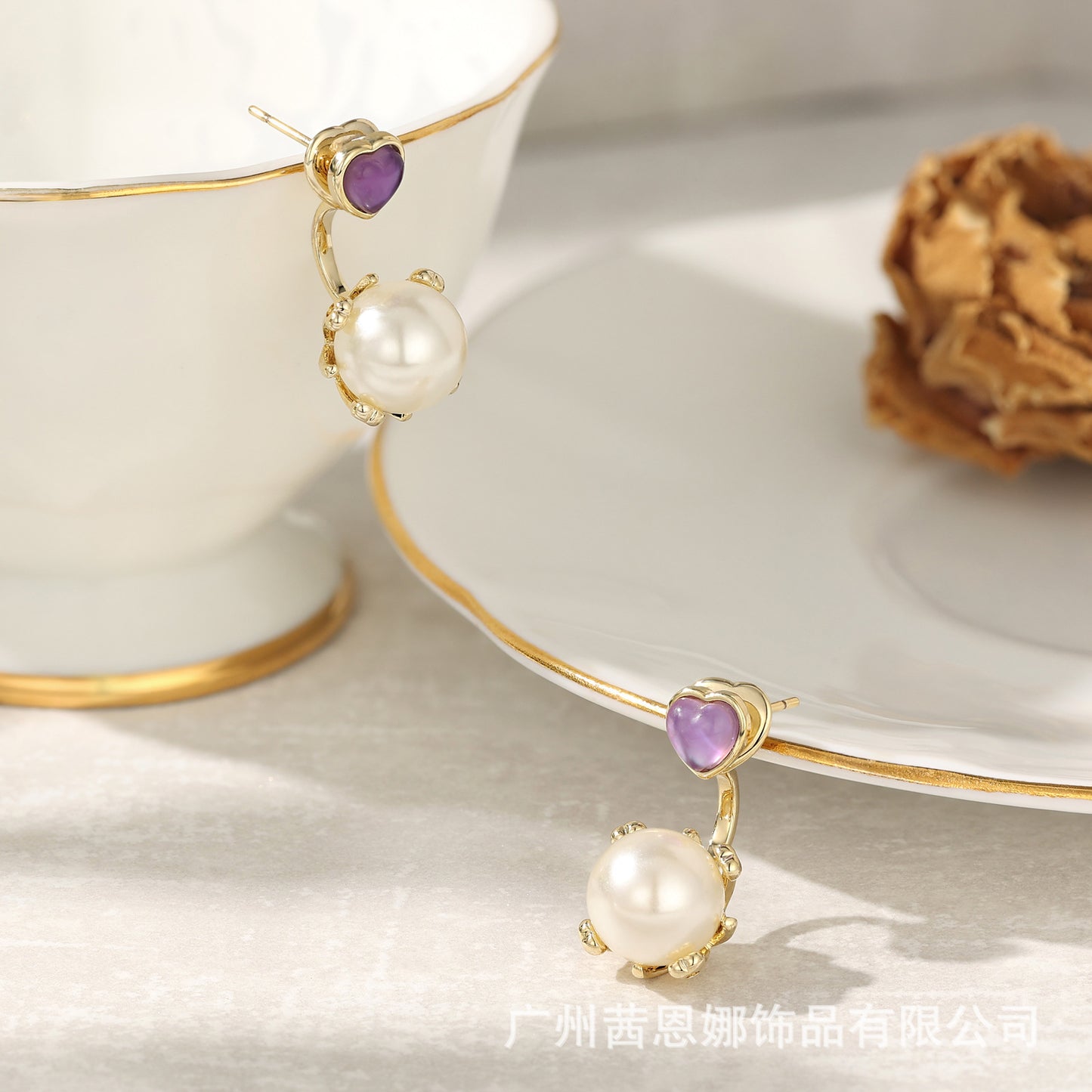 French natural purple crystal imitation pearl earrings