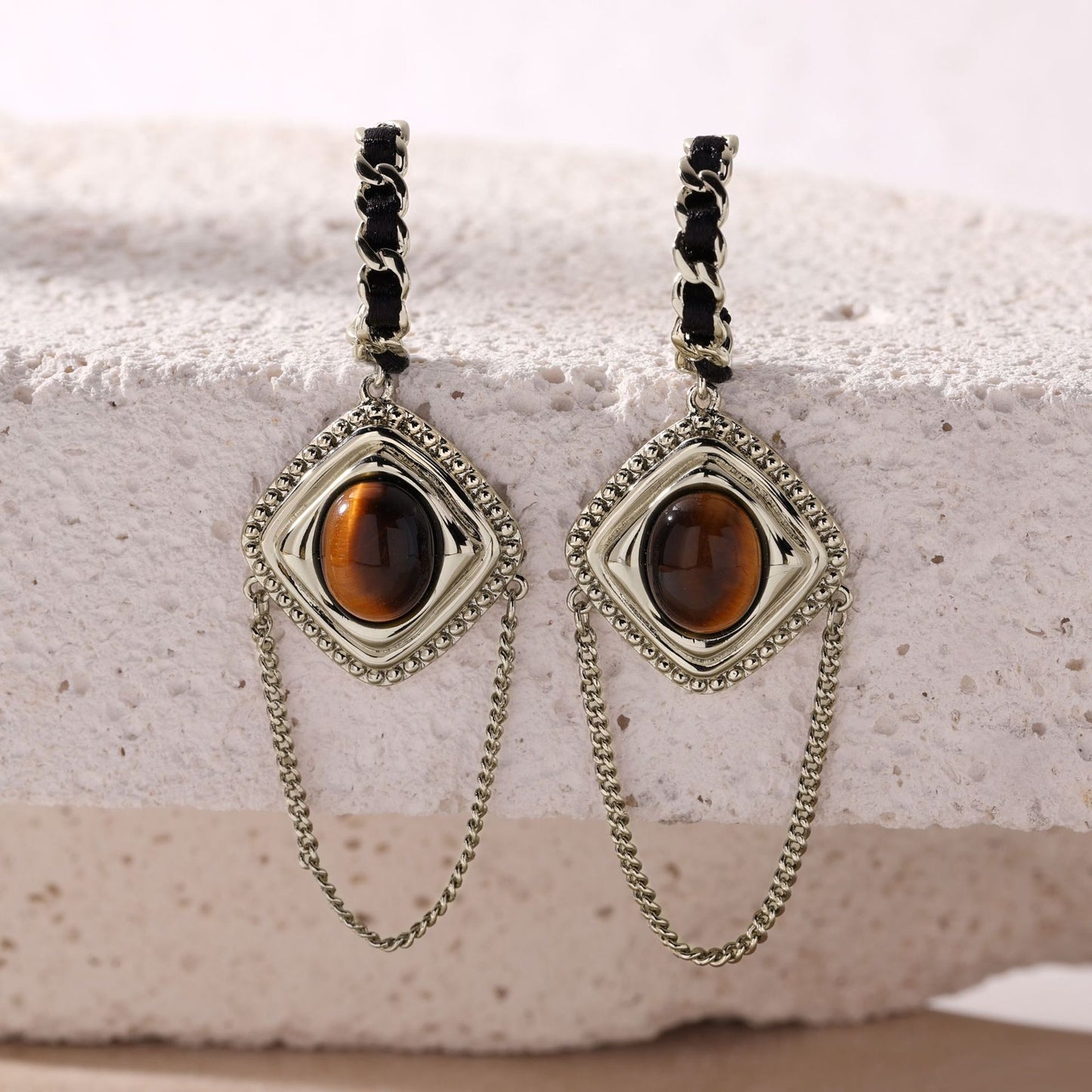 Portuguese designer tiger eye stone copper plated coffee gold earrings