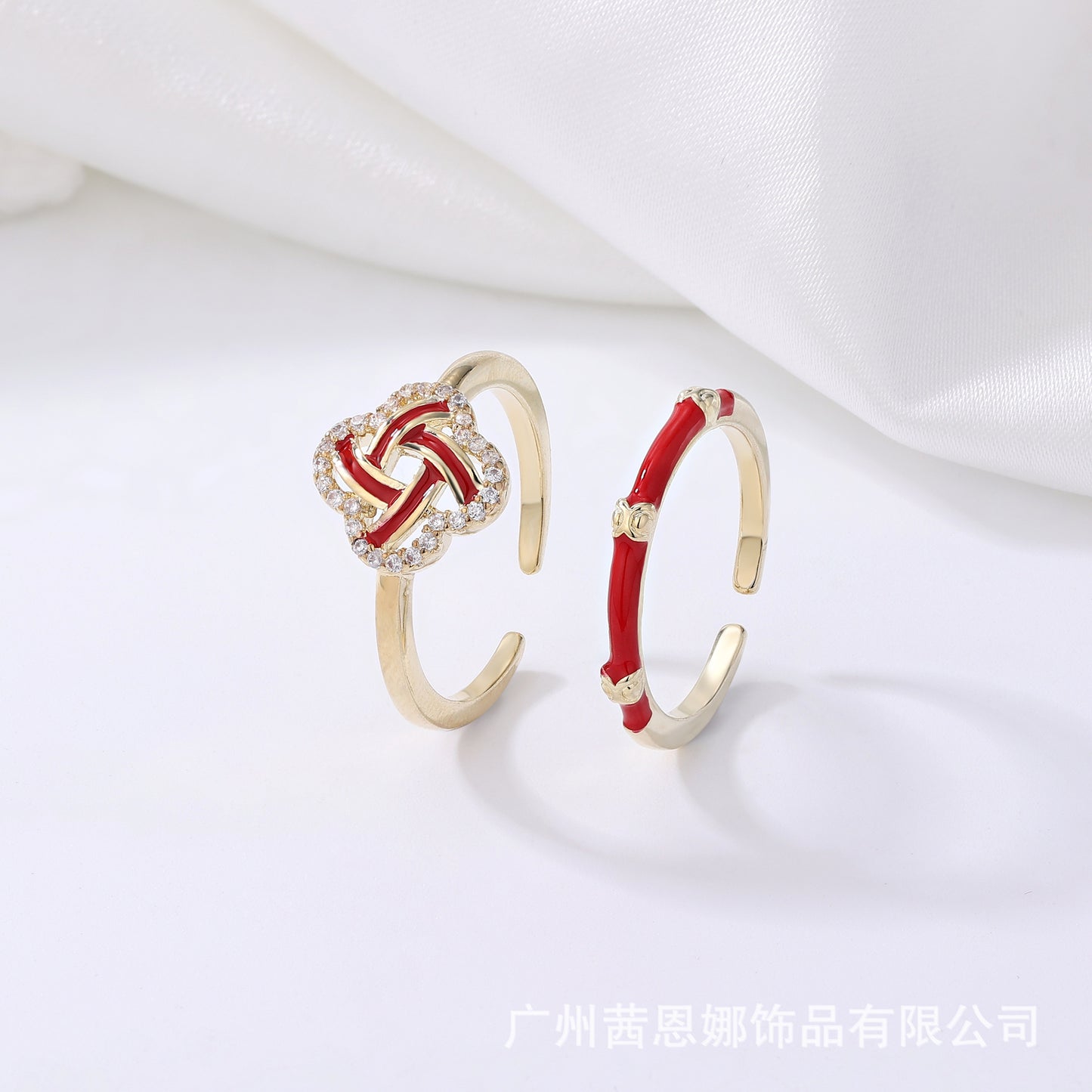 Chinese designer red full diamond New Year's style two-piece ring set