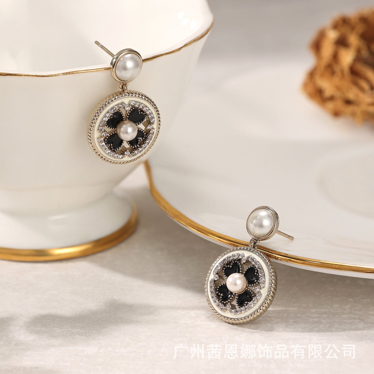 French enamel flower-shaped earrings