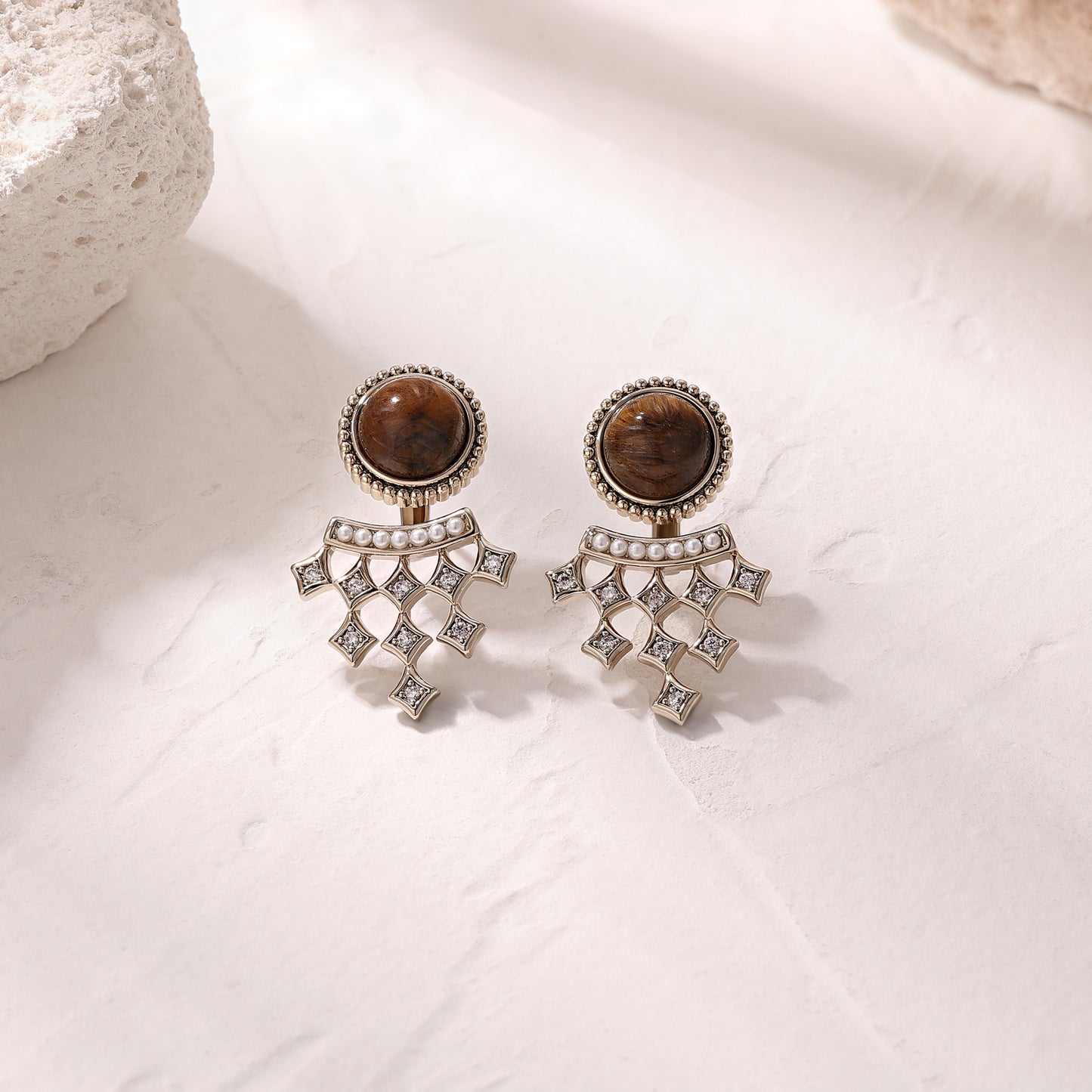 Portuguese designer tiger eye stone pearl and diamond earrings