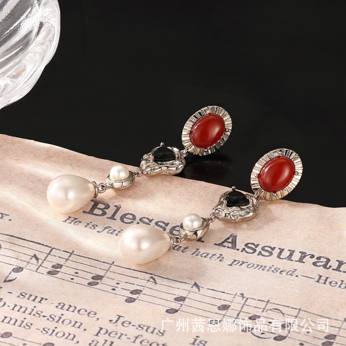 Portuguese designer red flower stone French retro elegant earrings