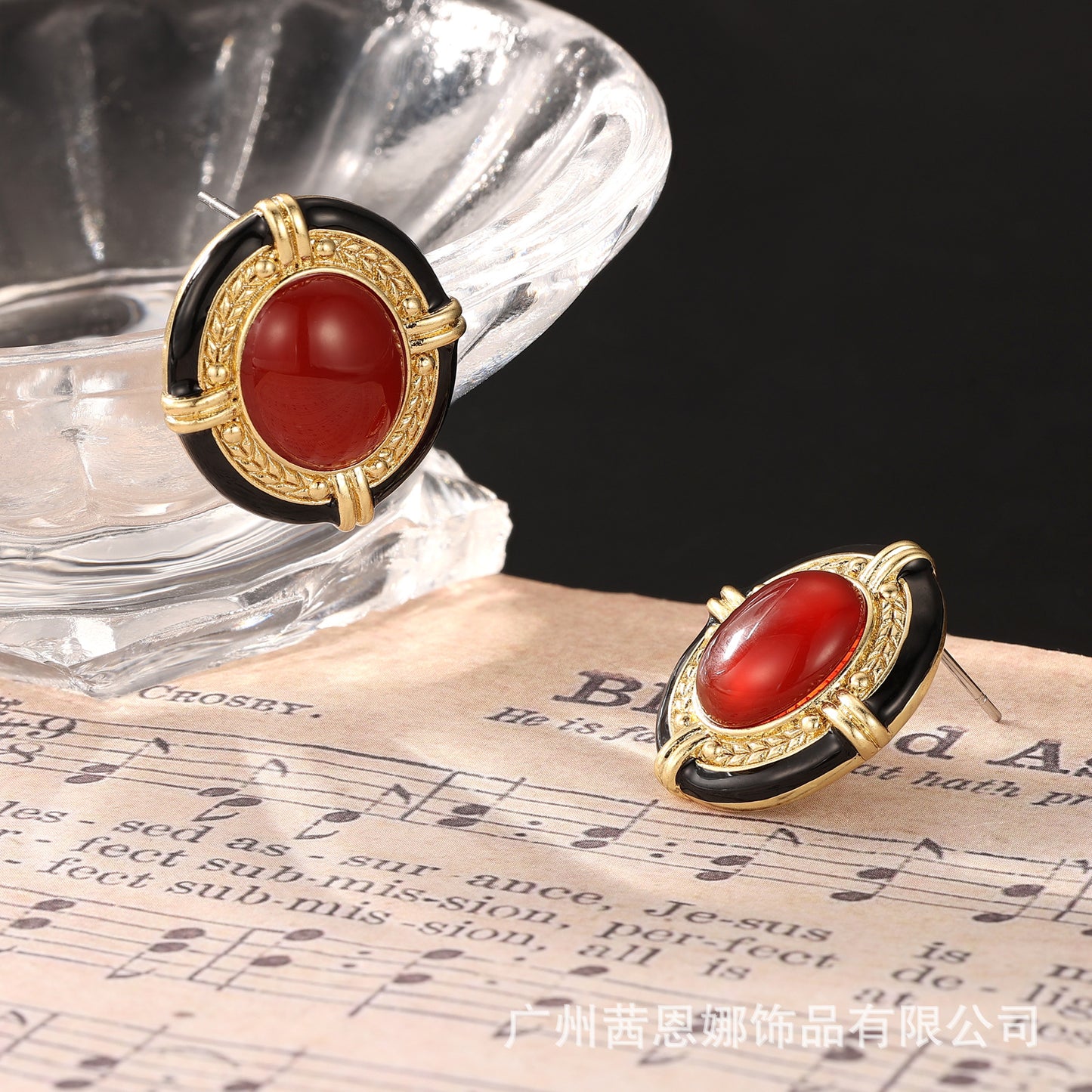 Portuguese designer red zircon enamel copper gold-plated stud earrings