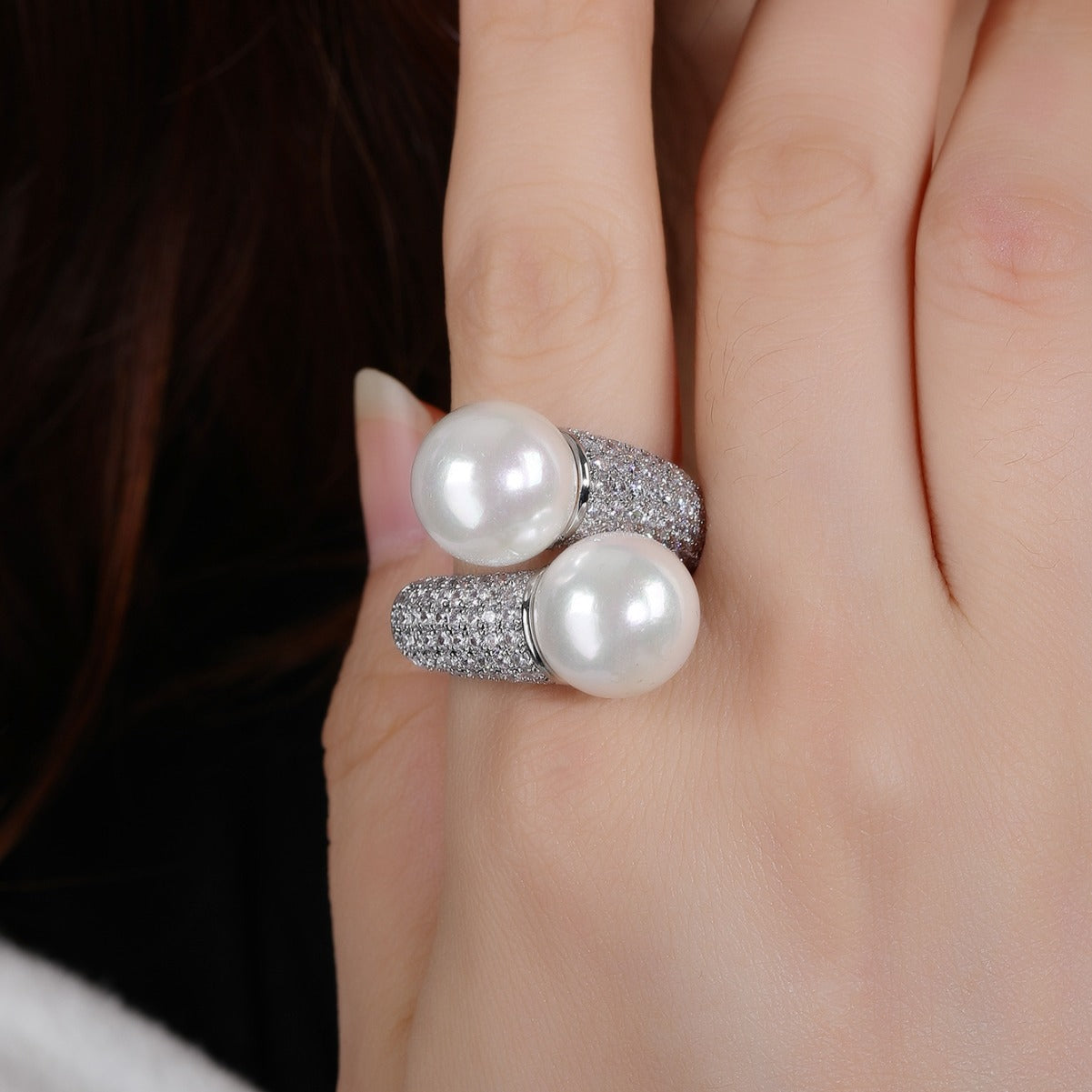 BrideTalk Simple Double Pearl Ring Micropaved Zirconia Open Ring