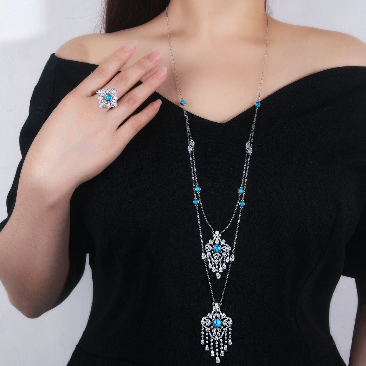 BrideTalk Temperament niche design light luxury blue turquoise necklace set