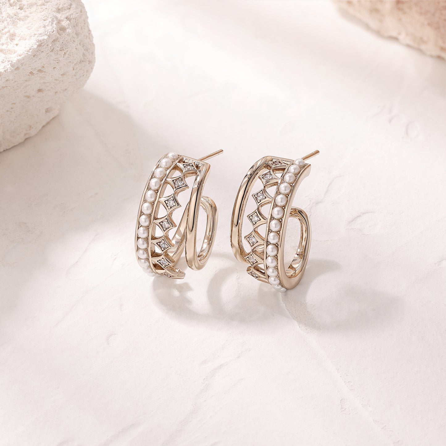 Portuguese designer C-shaped diamond-encrusted coffee gold earrings