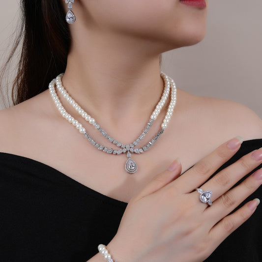 BrideTalk Zircon Exquisite Vintage Double Pearl Necklace Set