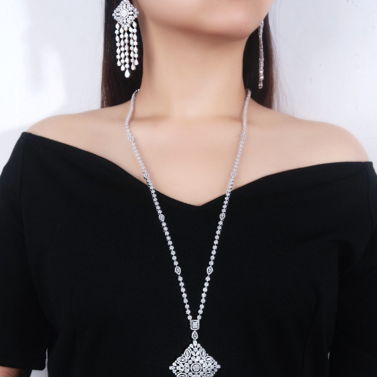 BrideTalk Zircon long tassel full diamond two-piece necklace set