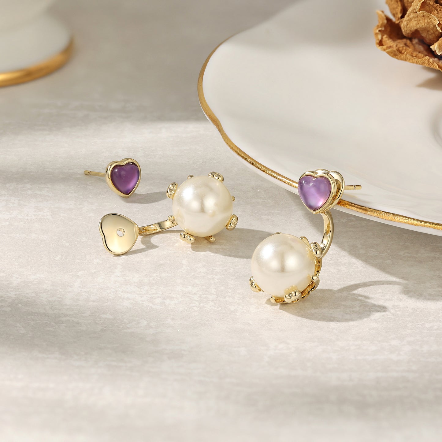 French natural purple crystal imitation pearl earrings