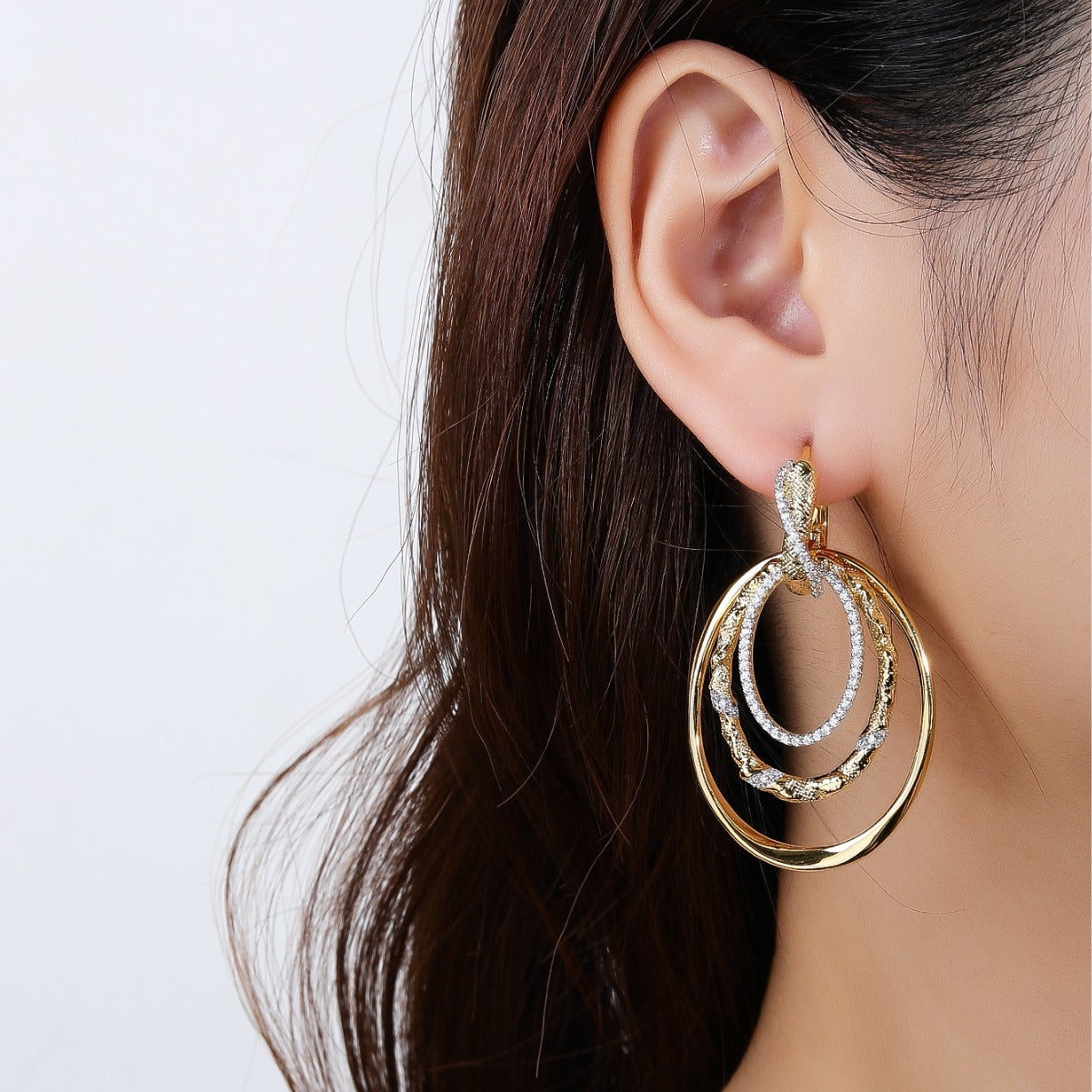 BrideTalk Hao stone inlaid three-layer large circle earrings