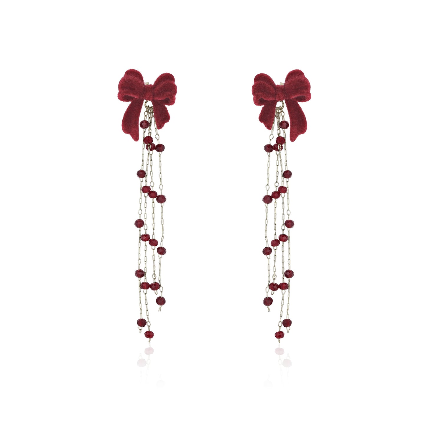 French designer burgundy flocked bow tassel earrings