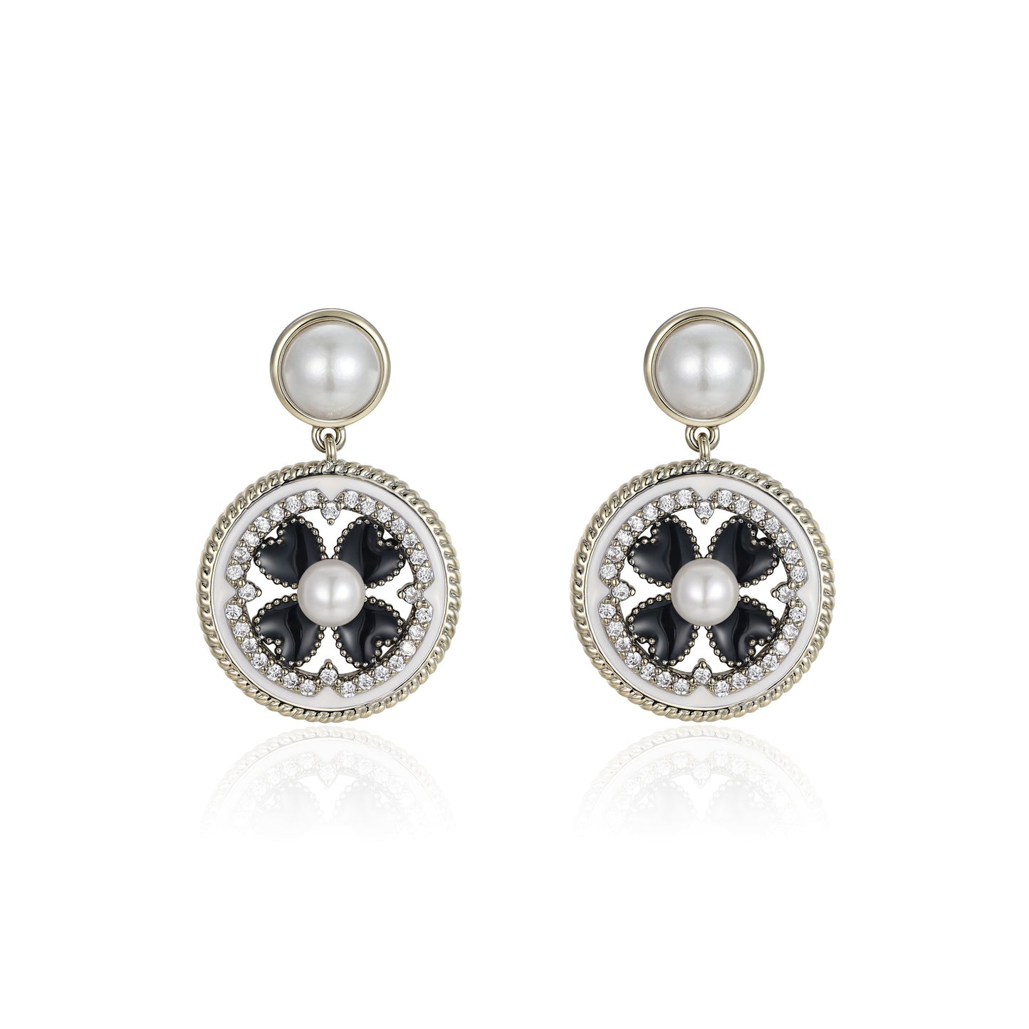 French enamel flower-shaped earrings