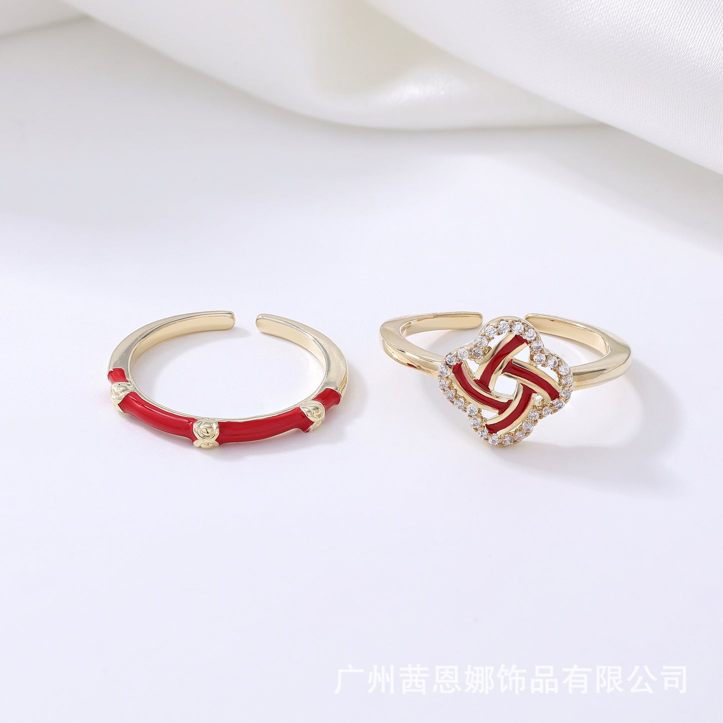 Chinese designer red full diamond New Year's style two-piece ring set